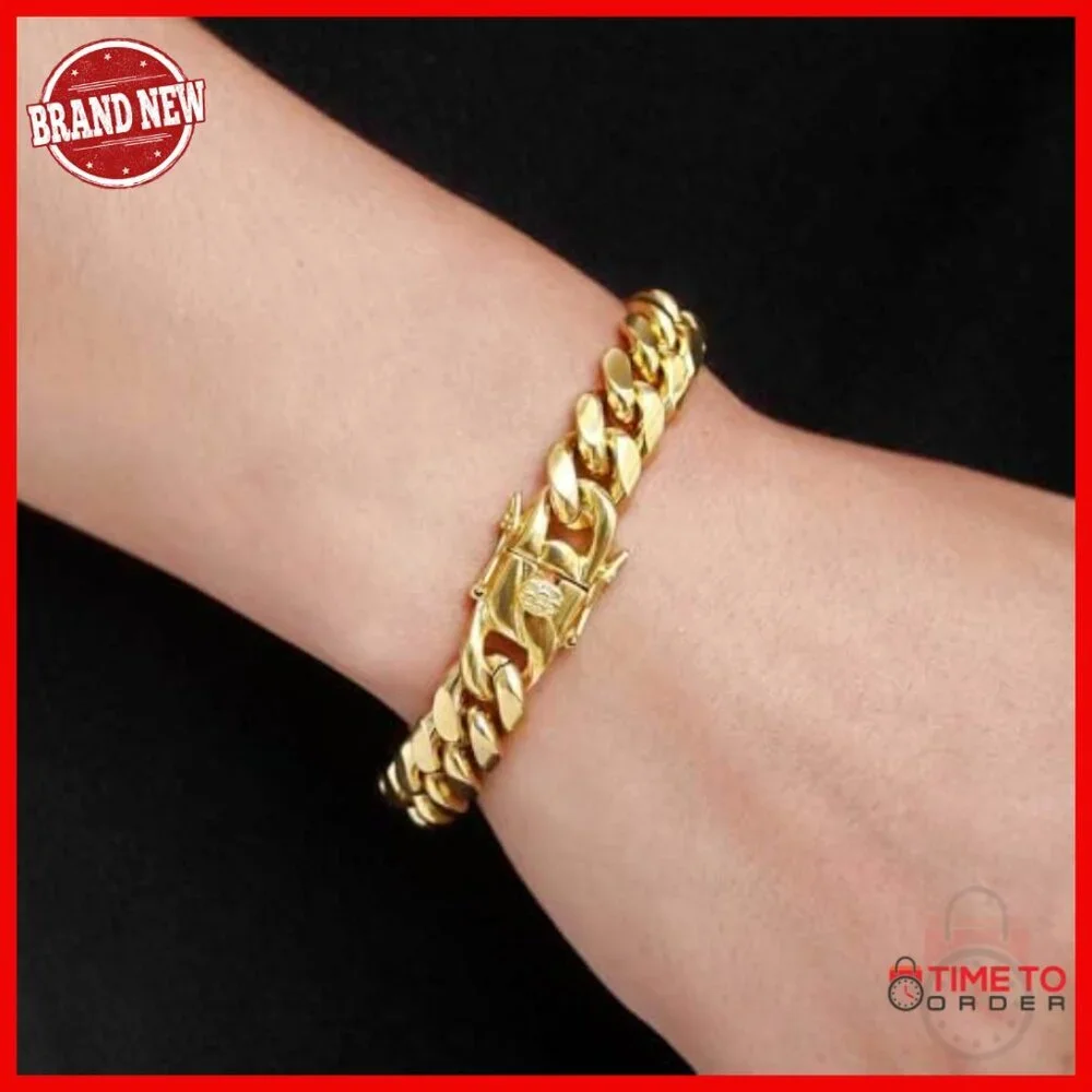 18K Gold Cuban Chain Bracelet 8 Inch Hip Hop Style Unisex Gift